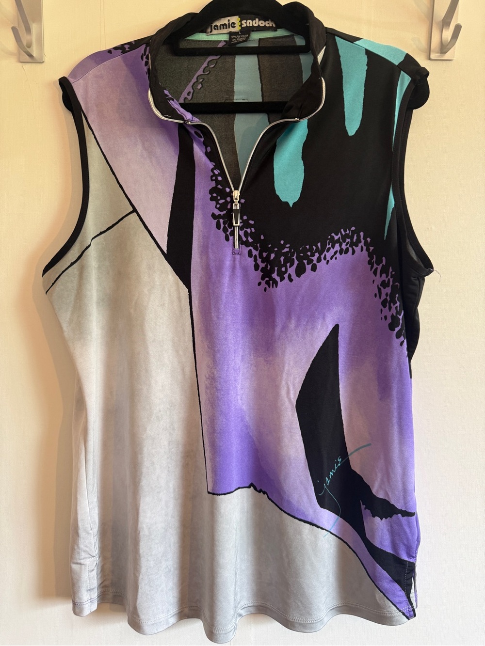 Jamie Sadock Sleeveless Golf Top Quarter Zip Abstract Print Purple Large Stretch